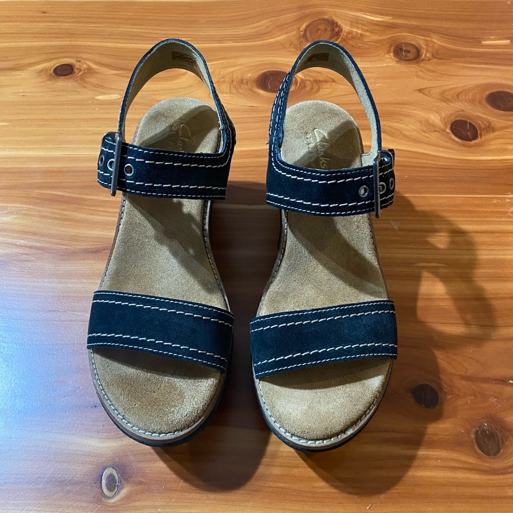 New Clarks Suede wedge sandals.